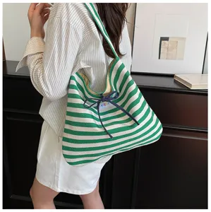 Green and white striped canvas tote bag with bow tie detail, casual single shoulder bag for daily use.