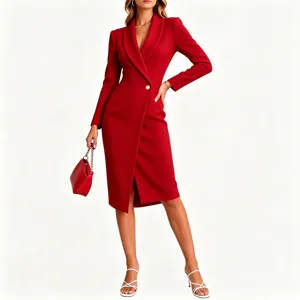 Elegant red lapel blazer dress with single button, long sleeves and stylish bodycon fit.