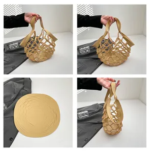 Nahaufnahme Detailansicht der kreativen hohlen Netztasche in Beige, Struktur und Design.