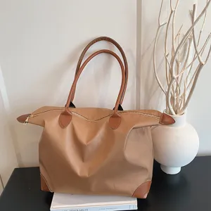 Brown oxford cloth shoulder tote bag, large capacity minimalist daily handbag for women.