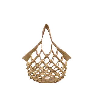 Lässige beige Leder Netz Handtasche, ausgehöhltes Design, stylische Studententasche für den Alltag.