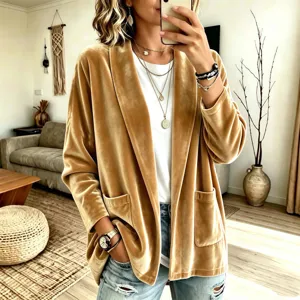 Gros plan sur la texture luxueuse en velours, élégant design de cardigan ouvert avec poches.