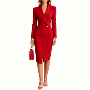 Detailed view of the elegant red long sleeve bodycon midi dress featuring a lapel collar.