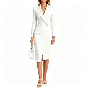 Detailed view of the elegant white lapel long sleeve blazer midi dress with single button.