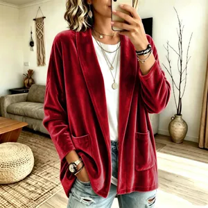Détails du gilet cardigan à manches longues en velours rouge, haut femme automne hiver.