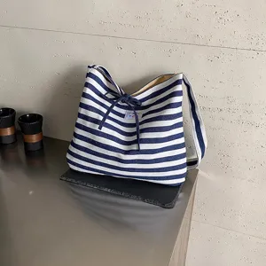 Women's Casual Canvas Tote Bag Large Capacity Striped Shoulder Bag Bow Drawstring Commuter Handbag Daily Travel Bag