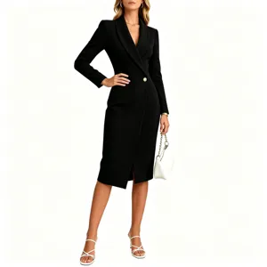 Details of the elegant lapel single-button long-sleeve midi business dress in black.