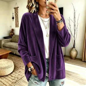 Femme Couleur Unie Velours Longues Manches Cardigan Ouvert Casual Elegant Veste Top