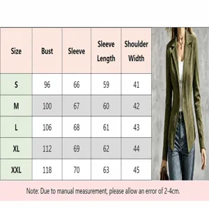 Detailed view of women's retro suede blazer jacket showing size chart and fit measurement.