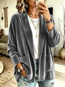 Femme Elégante Veste Cardigan en Velours Manches Longues Uni Ouvert Automne Hiver.