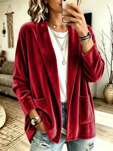 Femme Velours Rouge Manches Longues Ouvert Cardigan Casual Ample Mode Hiver Veste Top