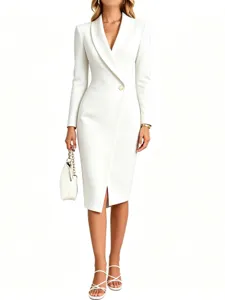 Elegant long sleeve white blazer dress for women, lapel waist-cinching bodycon midi dress.