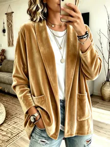 Femme Velours Or Manches Longues Cardigan Ouvert Veste Casual Solide Vêtement Extérieur