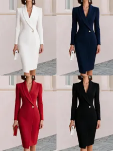Γυναικείο Κομψό Μακρυμάνικο Midi Φόρεμα Bodycon με Πέτο και Μονό Κουμπί Επαγγελματικό Φόρεμα Γραφείου Πάρτι