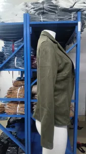 Detail view of women retro suede single-button lapel slim jacket coat in olive green.