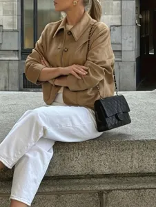 Women stylish retro suede blazer jacket autumn winter solid casual long sleeve outwear