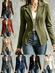 Women's Vintage Faux Suede Jacket Autumn Winter Lapel Single Button Slim Long Sleeve Mid Length Polyester Coat Top