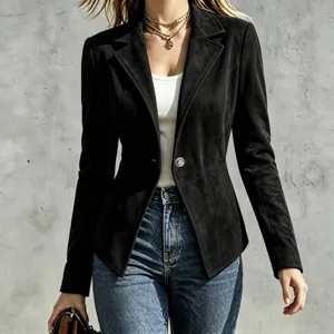 Black suede blazer slim fit long sleeve single button jacket detailed apparel shot.