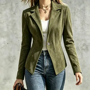Women vintage olive green suede blazer slim fit lapel single breasted long sleeve jacket top