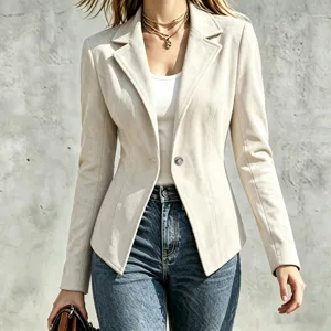Women's vintage suede blazer lapel single button long sleeve slim fit jacket coat