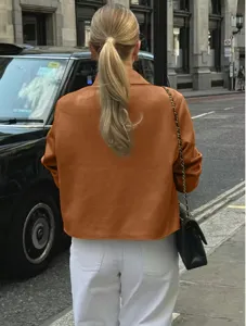 Women vintage suede jacket autumn winter solid color fashion lapel coat detail view back display