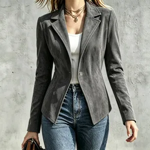 Grey suede blazer jacket with lapel and button for women winter casual wear detail.