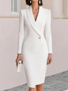 Κομψό λευκό μακρυμάνικο φόρεμα blazer για γυναίκες, στενό επαγγελματικό midi φόρεμα εργασίας.