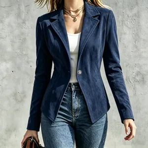 Close-up view of a stylish dark blue suede blazer jacket with lapel and single button design.
