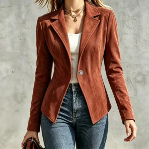 Detail view of the brown suede jacket, slim-fit lapel single-button design for women.