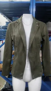 Green suede slim blazer jacket for women, vintage lapel long sleeve outerwear detail view