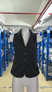 Détail du gilet blazer sans manches noir avec col revers et boutons métalliques.