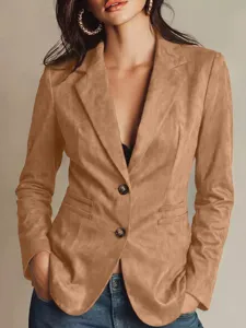Mujer Chaqueta Blazer de Ante Sintético Manga Larga Un Botón Elegante Abrigo Casual Camello