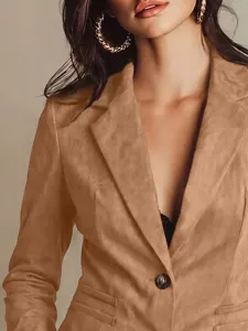 Elegante blazer retro de ante para mujer con solapa clásica, chaqueta de otoño muy elegante.