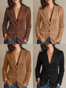 Chaqueta de Gamuza Sintética Elegante para Mujer Vintage Color Sólido Botonadura Sencilla Solapa Ropa de Abrigo Ajuste Holgado Manga Larga