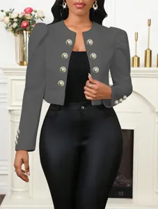 Femme blazer court gris col rond manches longues veste cardigan ajustée boutons dorés