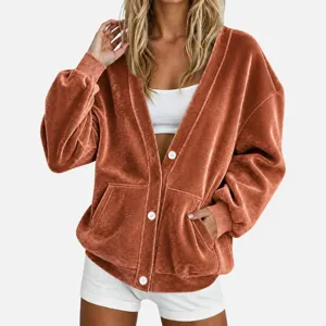Dames Fluweel V-Hals Lange Mouw Oversized Cardigan Trui Casual Bovenkleding met Knoppen