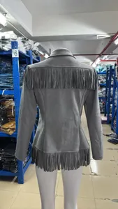 Femme gris suédine frange veste automne slim revers manches longues haut mode décontracté