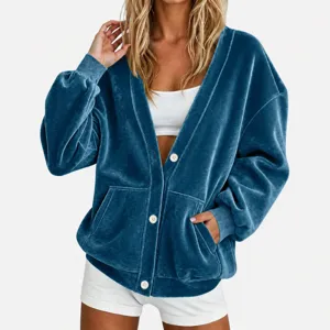Blauwe fluwelen oversized V-hals vest jas met witte knopen voor dames herfst casual dagelijks