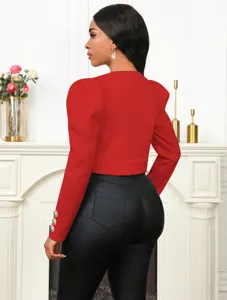 Blazer court rouge pour femme, col rond manches longues gilet cintré chic et élégant.