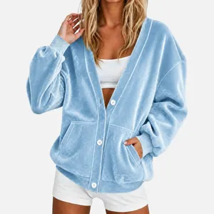 Vrouwen winter fluweel V-hals losse vest jas met witte knopen voor casual kleding.
