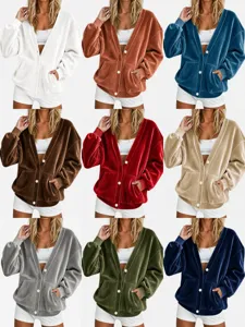 Dames Vintage V-hals Gouden Fluweel Gebreid Vest Losse Lange Mouw Knoopsluiting Trui Top Casual Effen Jas
