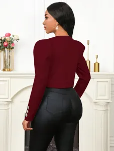 Manteau cardigan blazer court pour femme col rond manches bouffantes bordeaux chic