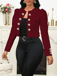 Femme Court Costume Veste Col Rond Double Boutonné Mince Manches Longues Cardigan Manteau