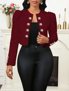 Veste blazer courte bordeaux pour femme col rond manches longues boutons dorés chic