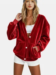 Rode fluwelen V-hals losse cardigan jas voor vrouwen, casual dames buitenkleding met lange mouwen.