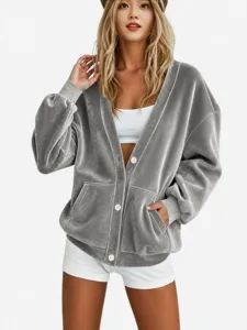 Oversized fluwelen V-hals cardigan voor vrouwen herfst casual grijze jas topje nu