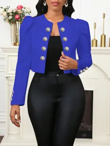 Veste blazer court pour femme bleu roi avec élégants boutons dorés et manches longues.