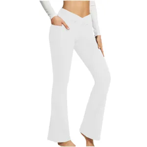 High waist crossover flare yoga pants for women with pockets white fitness workout trousers detail