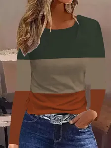 Dames Casual Kleurblok Pullover Sweatshirt Lange Mouwen Patchwork Ronde Hals Losse Top Voor Lente Herfst Mode