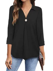 Stylish Women V-Neck Long Sleeve Black Blouse Lapel Button Casual Fashion Shirts